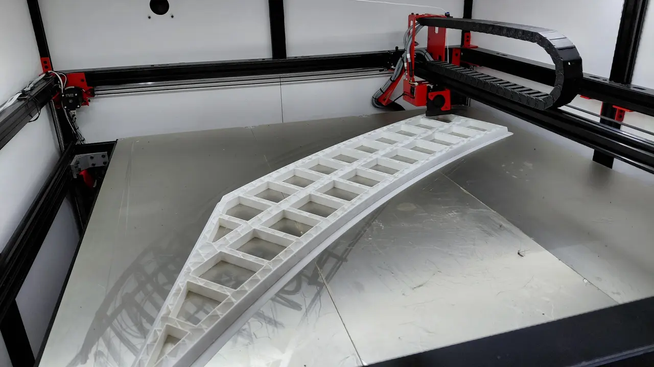 White aircraft wing buck in the early stages of printing on the Modix printer